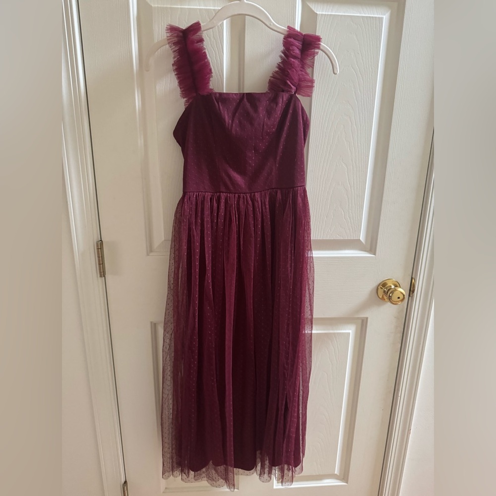 Divine Invitation Burgundy Tulle Swiss Dot Ruffled Midi Dress size XS - Picture 3 of 11